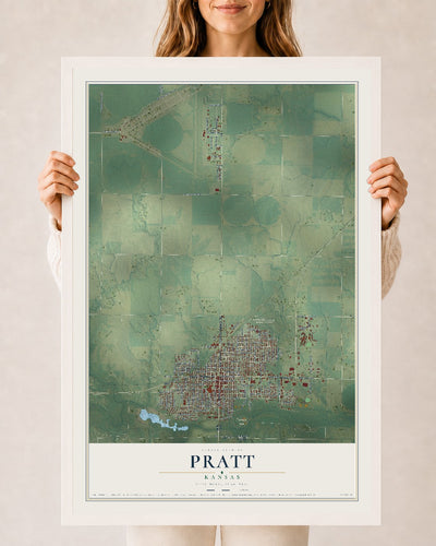 Map of Pratt, Kansas, 24 x 36 inch print in a white wood frame