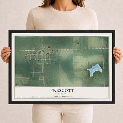 Map of Prescott, Kansas, 12 x 18 inch print in a black wood frame