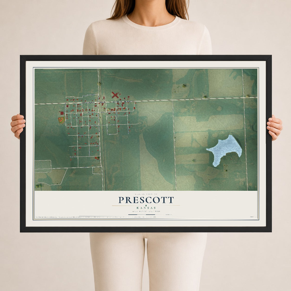 Map of Prescott, Kansas, 24 x 36 inch print in a black wood frame