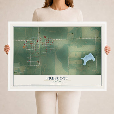 Map of Prescott, Kansas, 24 x 36 inch print in a white wood frame