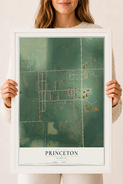 Map of Princeton, Kansas, 18 x 24 inch print in a white wood frame