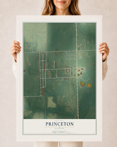 Map of Princeton, Kansas, 24 x 36 inch print in a white wood frame