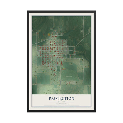 Map of Protection, Kansas, 12 x 18 inch print in a black wood frame