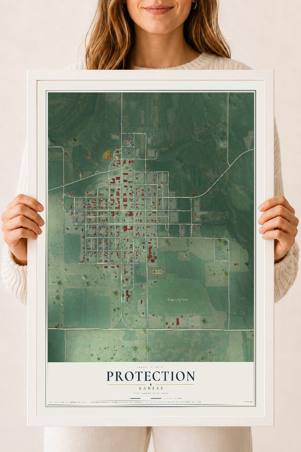 Map of Protection, Kansas, 18 x 24 inch print in a white wood frame