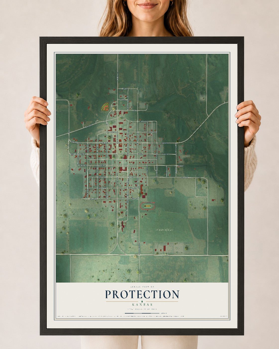 Map of Protection, Kansas, 24 x 36 inch print in a black wood frame