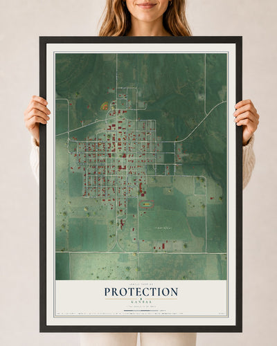 Map of Protection, Kansas, 24 x 36 inch print in a black wood frame