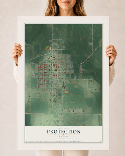 Map of Protection, Kansas, 24 x 36 inch print in a white wood frame
