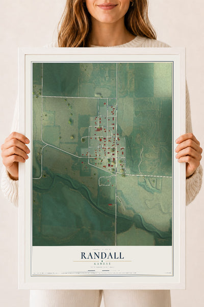 Map of Randall, Kansas, 18 x 24 inch print in a white wood frame