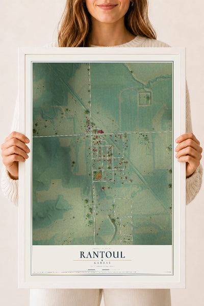 Map of Rantoul, Kansas, 18 x 24 inch print in a white wood frame