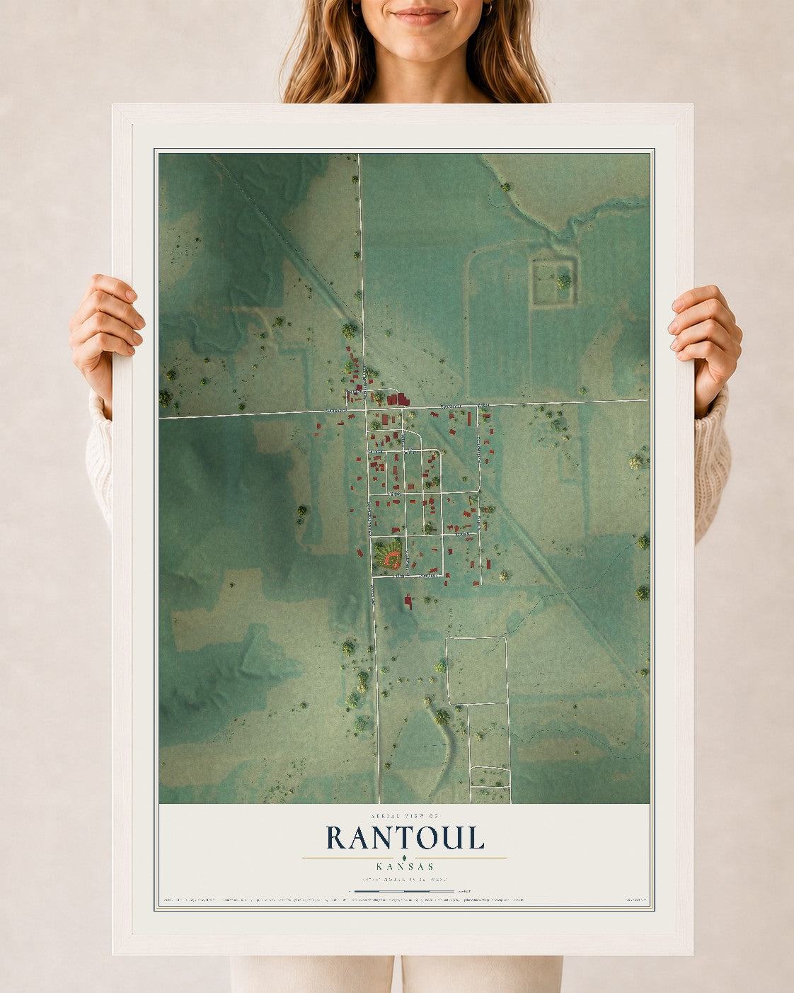 Map of Rantoul, Kansas, 24 x 36 inch print in a white wood frame