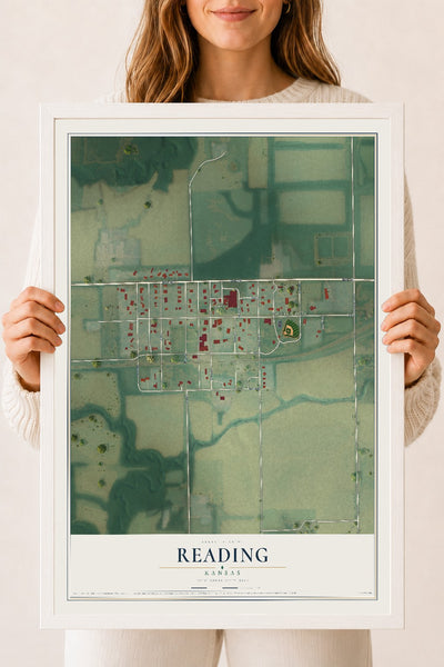 Map of Reading, Kansas, 18 x 24 inch print in a white wood frame
