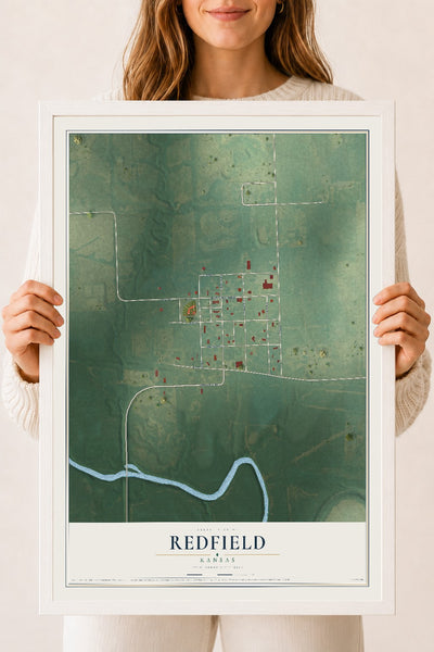 Map of Redfield, Kansas, 18 x 24 inch print in a white wood frame