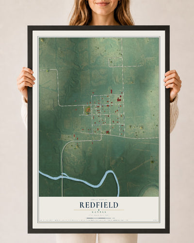 Map of Redfield, Kansas, 24 x 36 inch print in a black wood frame