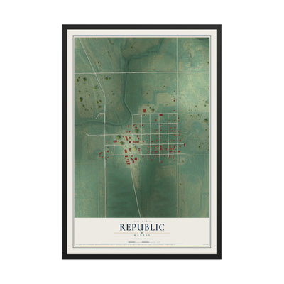 Map of Republic, Kansas, 12 x 18 inch print in a black wood frame