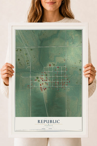 Map of Republic, Kansas, 18 x 24 inch print in a white wood frame