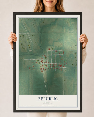 Map of Republic, Kansas, 24 x 36 inch print in a black wood frame