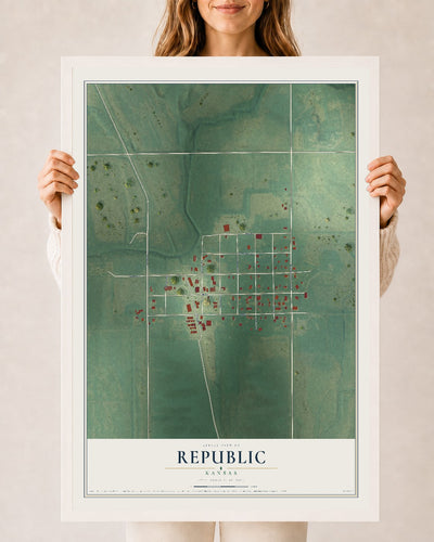 Map of Republic, Kansas, 24 x 36 inch print in a white wood frame