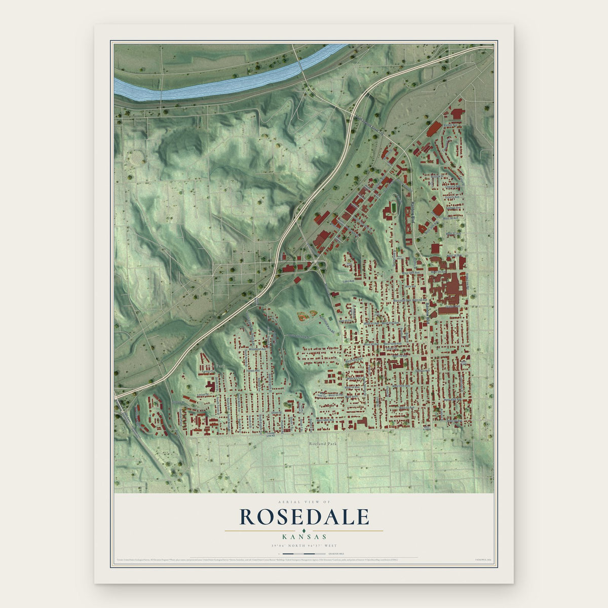 Rosedale, Kansas map print, the full design