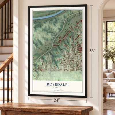 Rosedale, Kansas map, 24 x 36 inch print in a black frame by a staircase