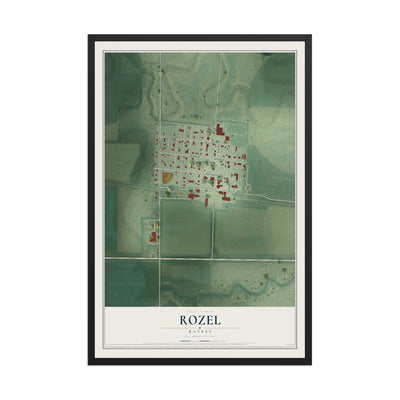Map of Rozel, Kansas, 12 x 18 inch print in a black wood frame