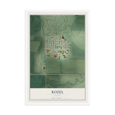 Map of Rozel, Kansas, 12 x 18 inch print in a white wood frame