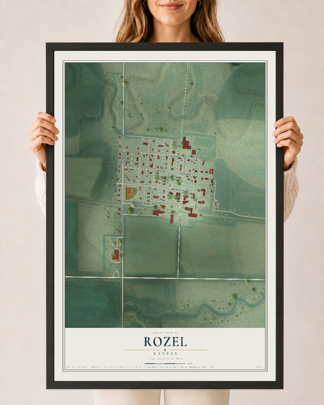 Map of Rozel, Kansas, 24 x 36 inch print in a black wood frame