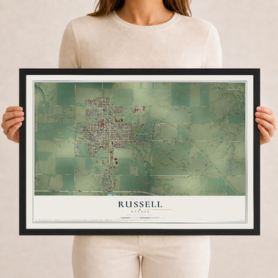 Map of Russell, Kansas, 12 x 18 inch print in a black wood frame