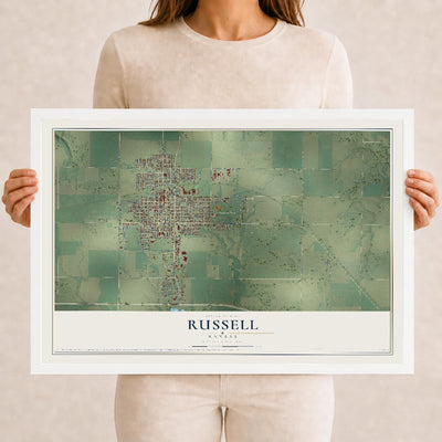 Map of Russell, Kansas, 12 x 18 inch print in a white wood frame