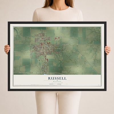 Map of Russell, Kansas, 24 x 36 inch print in a black wood frame