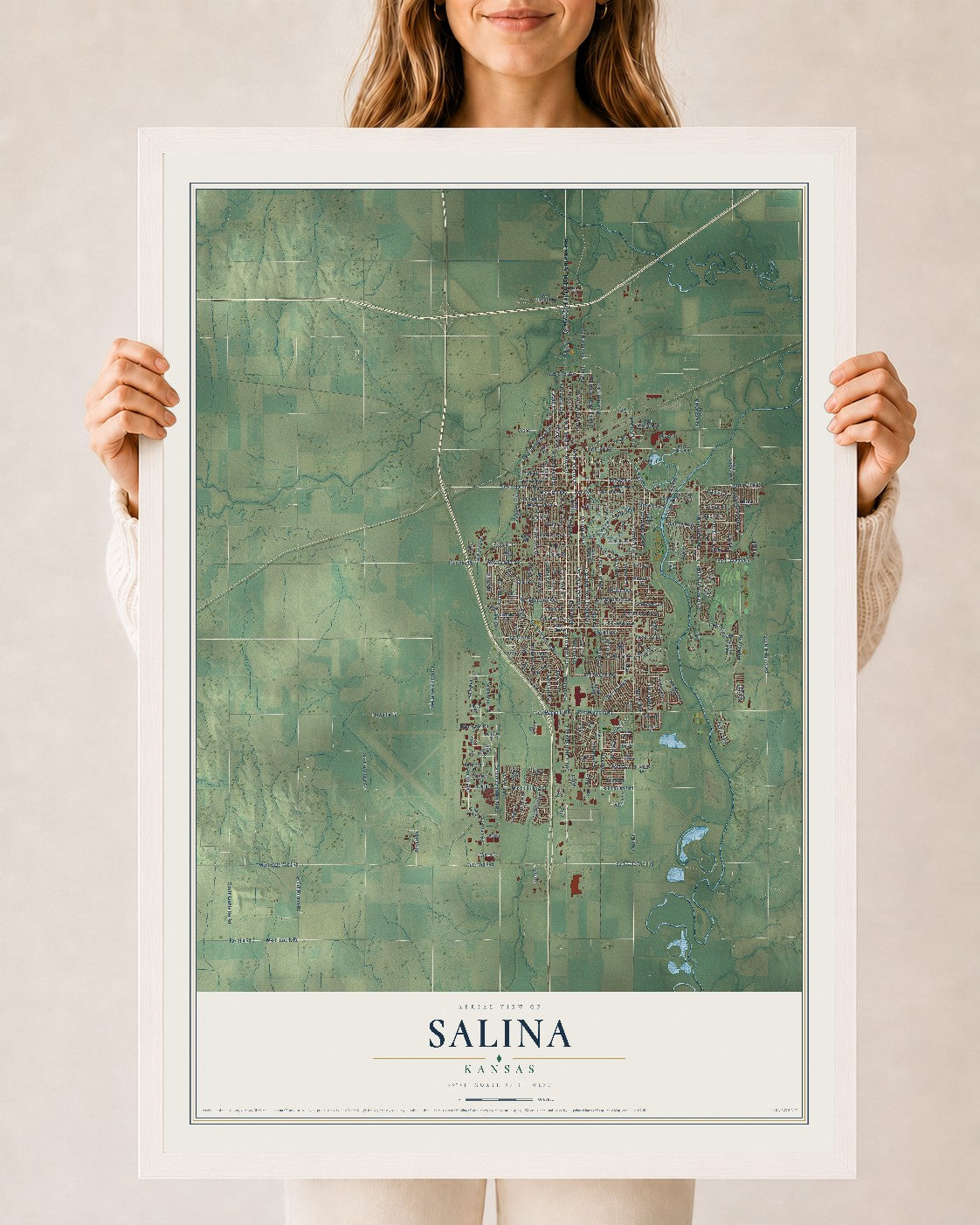 Map of Salina, Kansas, 24 x 36 inch print in a white wood frame