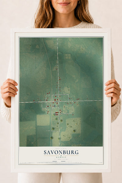 Map of Savonburg, Kansas, 18 x 24 inch print in a white wood frame