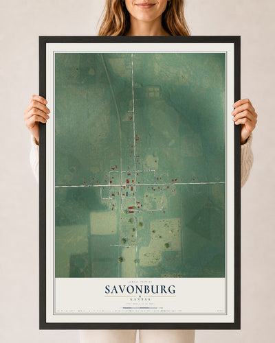 Map of Savonburg, Kansas, 24 x 36 inch print in a black wood frame