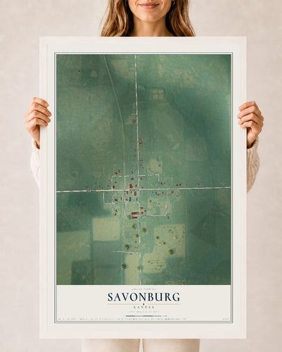 Map of Savonburg, Kansas, 24 x 36 inch print in a white wood frame