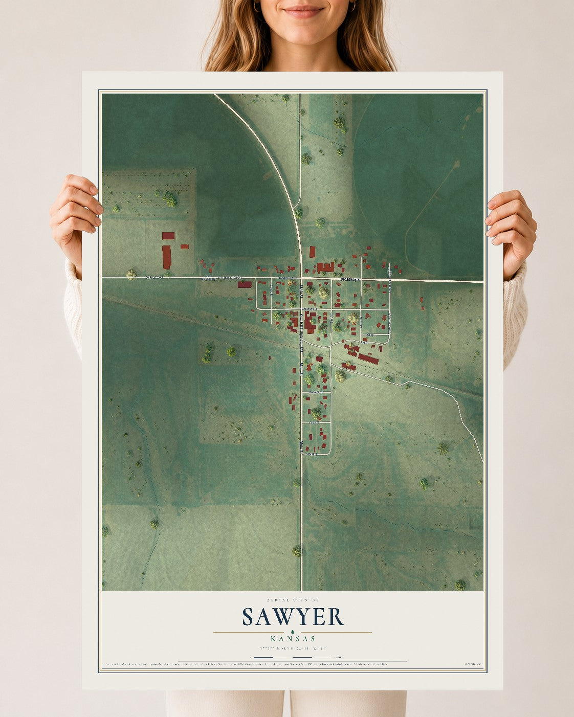 Map of Sawyer, Kansas, 24 x 36 inch unframed archival matte print