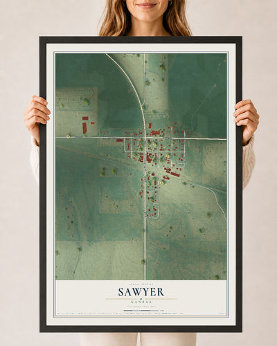 Map of Sawyer, Kansas, 24 x 36 inch print in a black wood frame