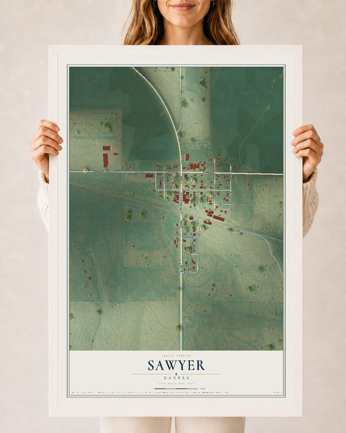 Map of Sawyer, Kansas, 24 x 36 inch print in a white wood frame