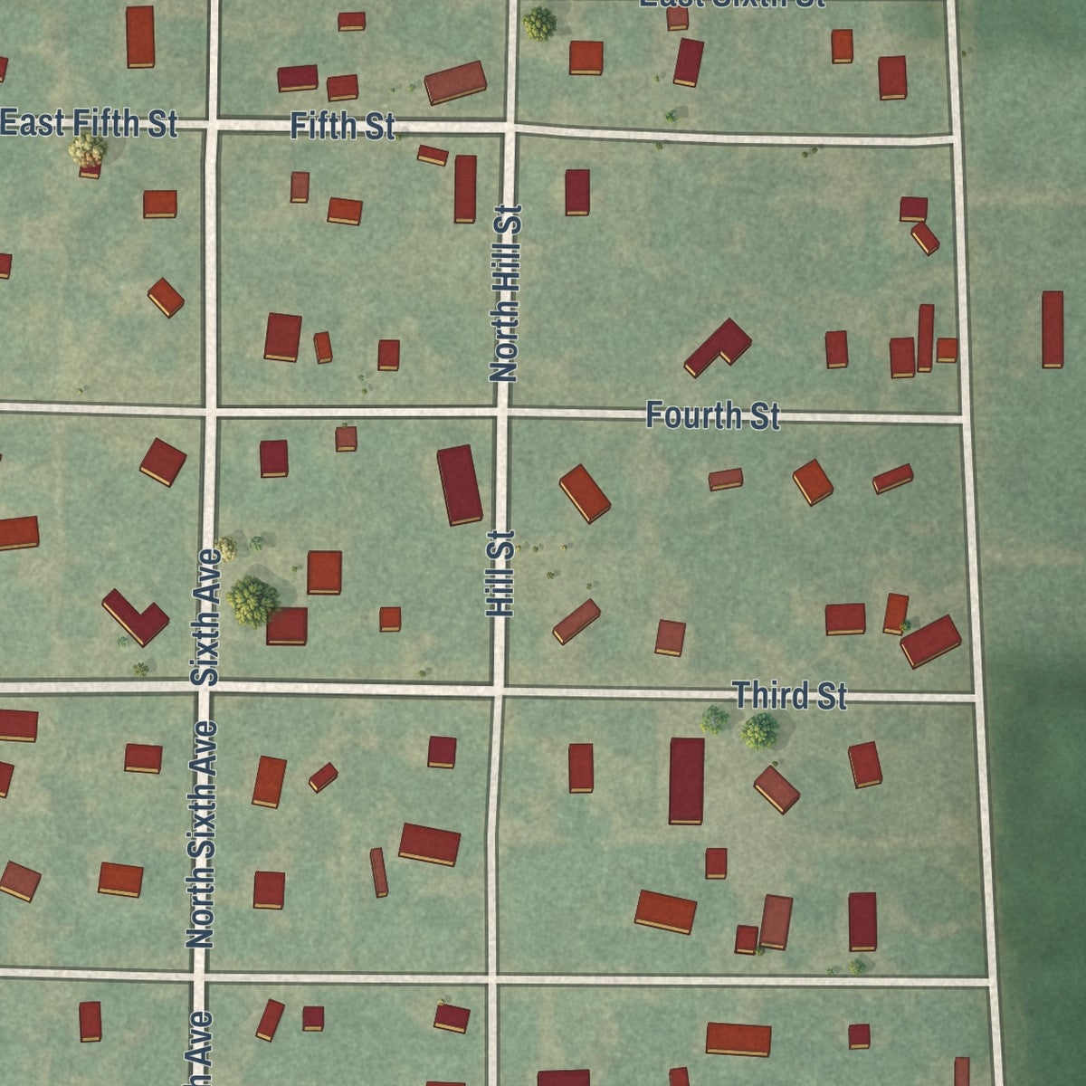 Close-up of the map of Scammon, Kansas print showing street and building detail