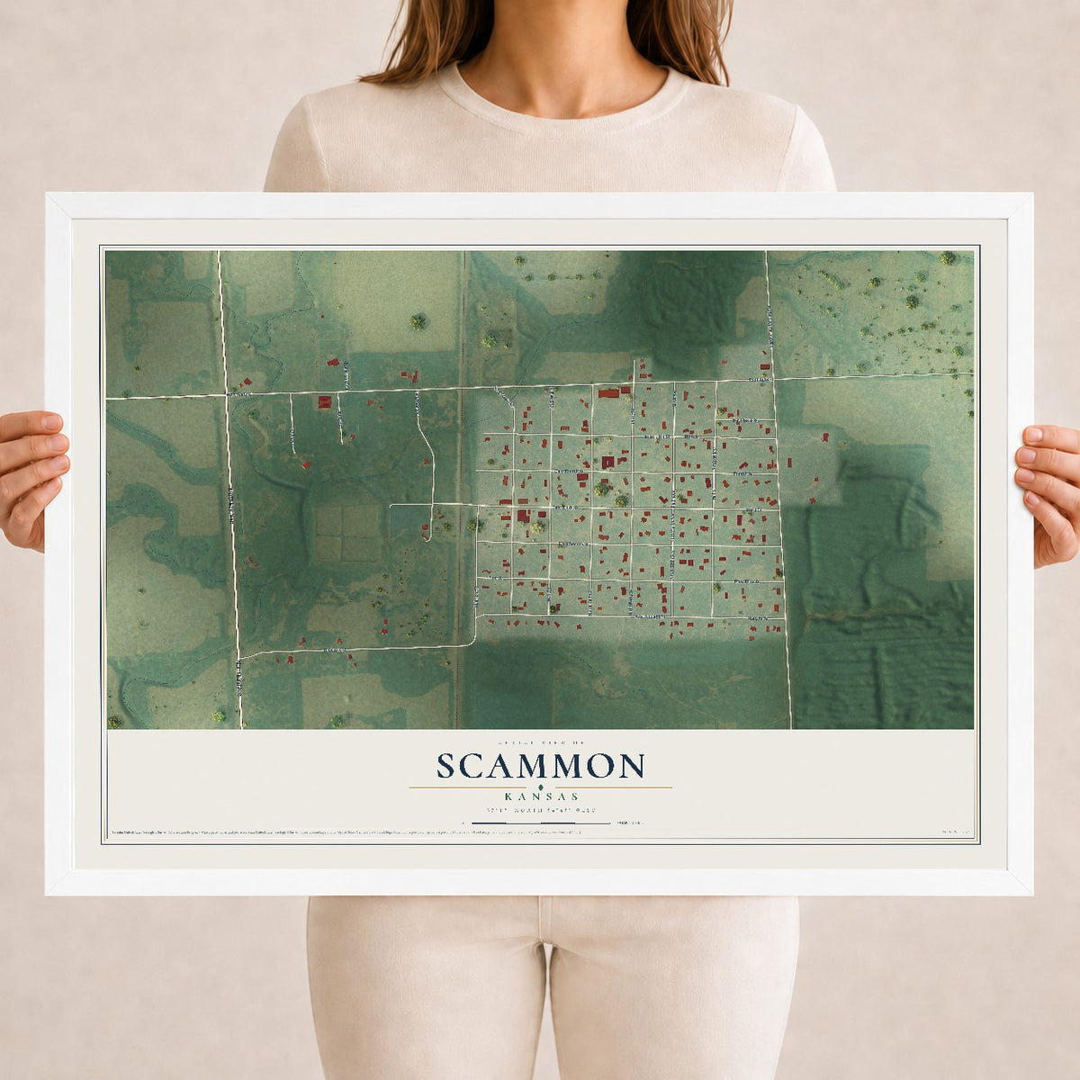 Map of Scammon, Kansas, 18 x 24 inch print in a white wood frame