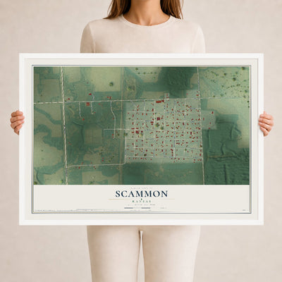 Map of Scammon, Kansas, 24 x 36 inch print in a white wood frame