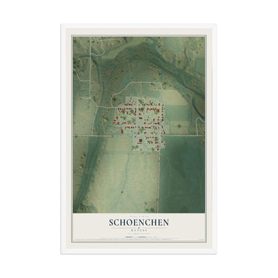 Map of Schoenchen, Kansas, 12 x 18 inch print in a white wood frame