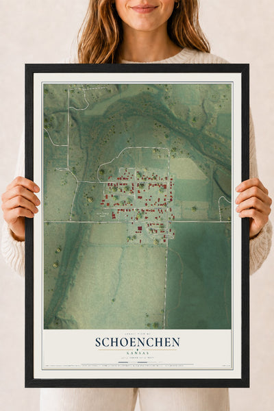Map of Schoenchen, Kansas, 18 x 24 inch print in a black wood frame