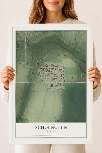 Map of Schoenchen, Kansas, 18 x 24 inch print in a white wood frame