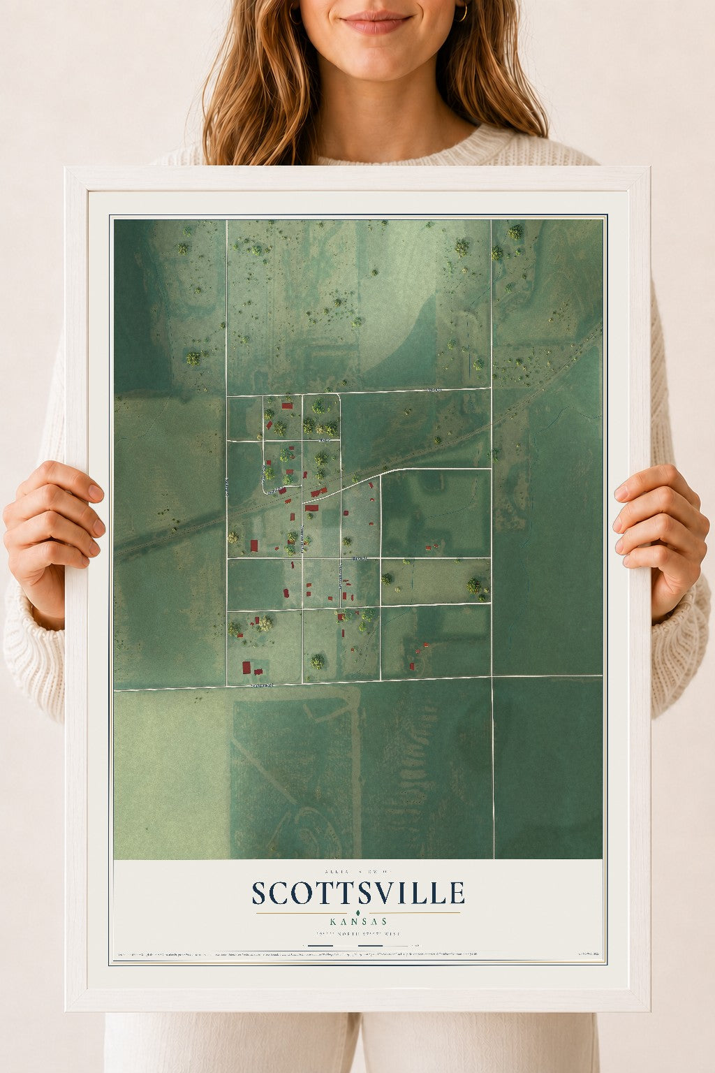 Map of Scottsville, Kansas, 18 x 24 inch print in a white wood frame