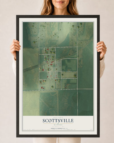 Map of Scottsville, Kansas, 24 x 36 inch print in a black wood frame