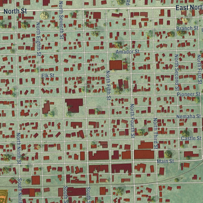 Close-up of the map of Seneca, Kansas print showing street and building detail