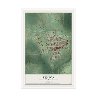 Map of Seneca, Kansas, 12 x 18 inch print in a white wood frame