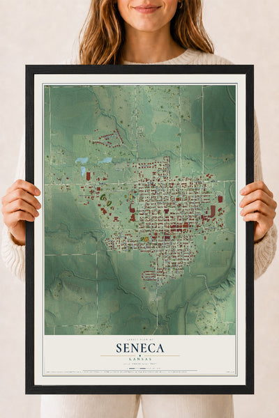 Map of Seneca, Kansas, 18 x 24 inch print in a black wood frame