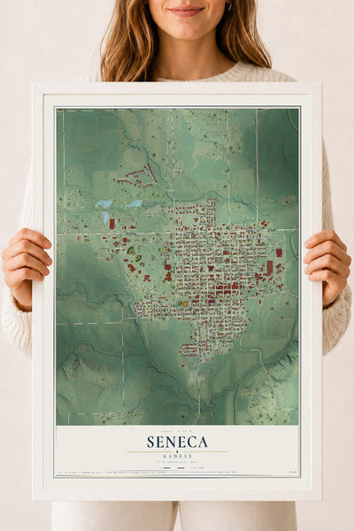Map of Seneca, Kansas, 18 x 24 inch print in a white wood frame