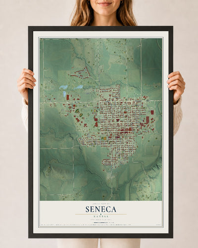 Map of Seneca, Kansas, 24 x 36 inch print in a black wood frame