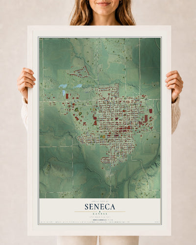 Map of Seneca, Kansas, 24 x 36 inch print in a white wood frame